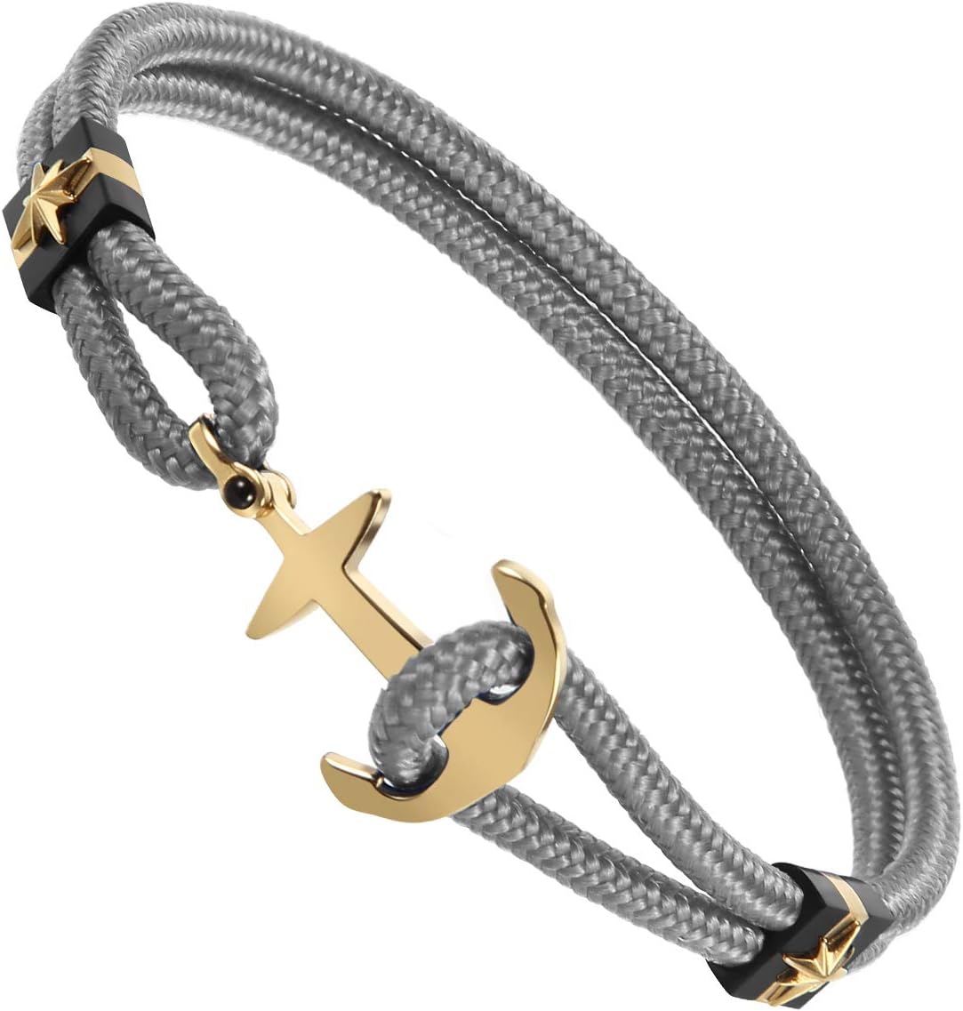 Men's Golden Anchor Bracelet, Nylon Rope Bracelet with Stainless Steel Anchor