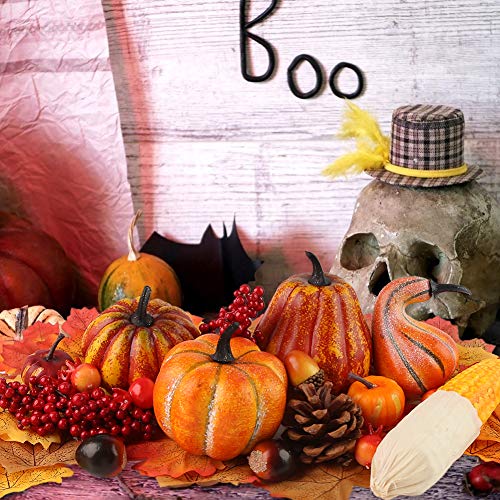 HAKACC Artificial Pumpkins, 19PCS Harvest Fruits with 30PCS Artificial Maple Leaves Fake Pumpkins and Gourds Pine Cones Acorns for Halloween Thanksgiving Decorations