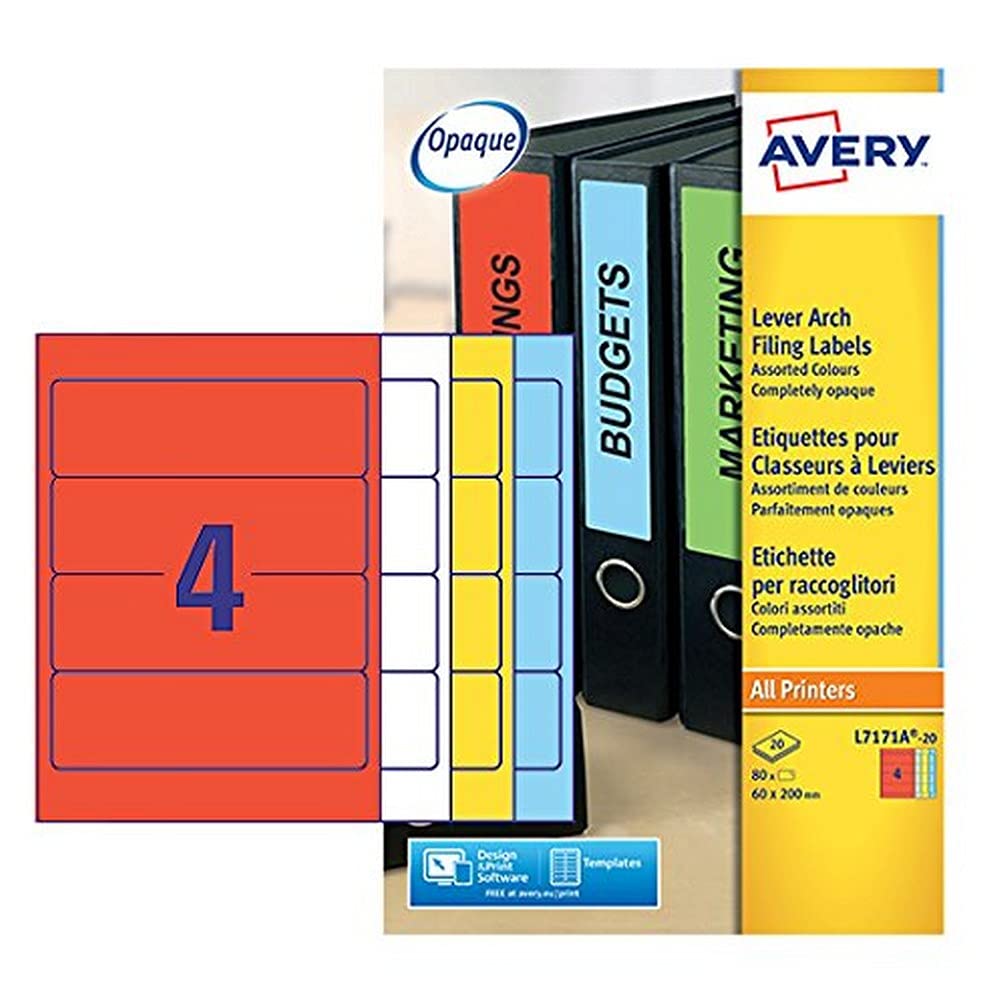 Avery L7171A-20 Printable, Customisable Assorted Colours Lever Arch File Labels, 4 Labels Per A4 Sheet, 80 Labels Per Pack