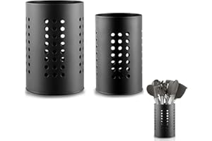 Kitchen Utensils Holder for Countertop 2 Pieces,304 Stainless Steel, 2 Sizes, Black Perforated Design with Drainage, Essentia