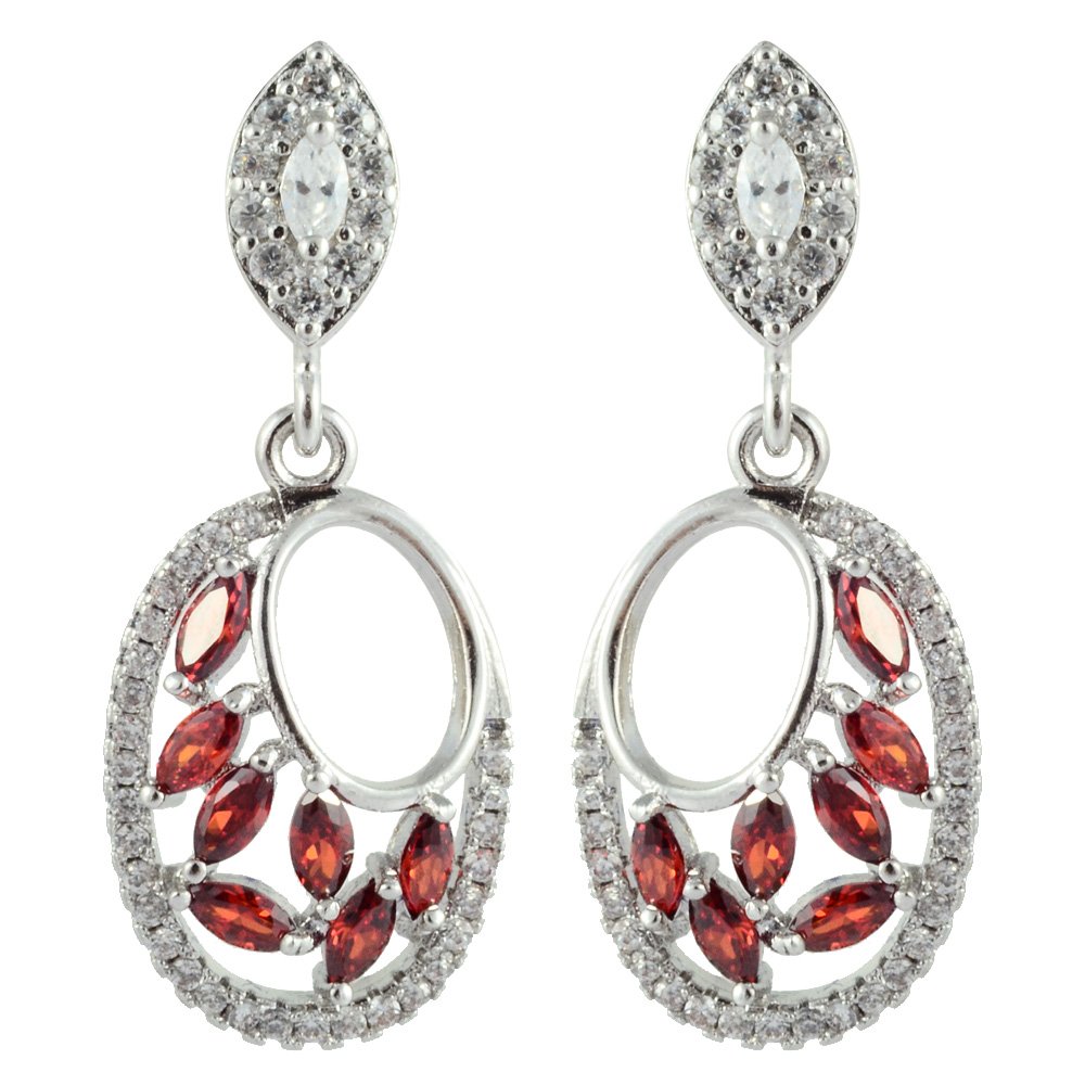 RIZILIA Drop Pierced Earrings with Marquise Cut Gemstones CZ [Red Ruby] in 18K White Gold Plated, Simple Modern Elegance