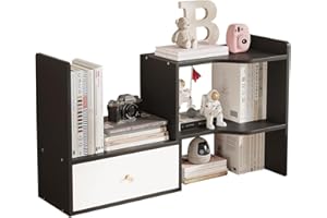 W WWEENUO Expandable Wood Desktop Bookshelf, Freestyle Adjustable Wood Display Desk Shelf Counter Storage Rack Top Bookcase for Office & Home (Black)