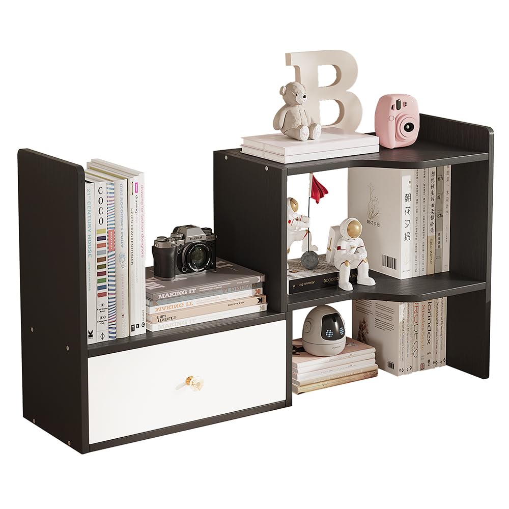 NUODWELL Expandable Desktop Bookshelf, Freestanding Adjustable Office Storage Rack Desk Tidy Organiser Countertop Bookcase for Office & Home (Black)