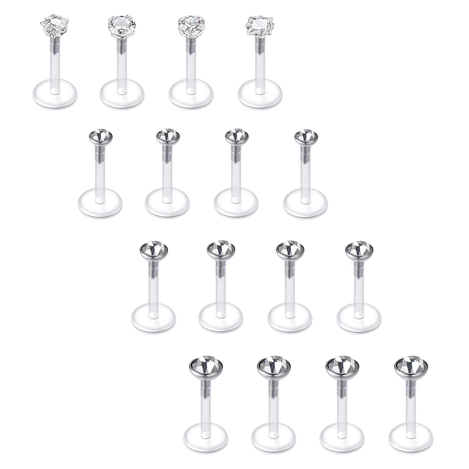 Briana Williams 16pcs Clear Lip Labret Bars Studs Retainers Bioflex 16G Medusa Crystal Opal 6/8/10mm Piercing Jewellery