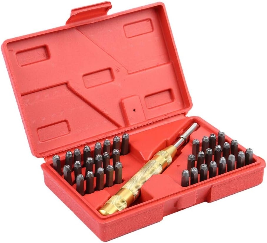 Makolo Steel Stamps Letters and Numbers Hand Set Kit for Soft Metal Punch Imprints with Red Case 0.25 Inch Set of 38 Pcs