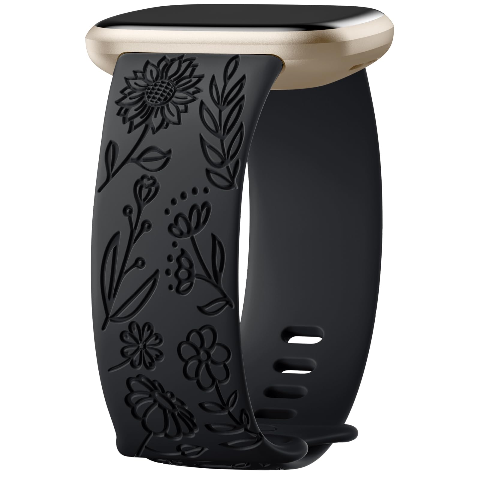 Oielai Sunflower Engraved Bracelet Compatible with Fitbit Versa 3/Fitbit Versa 4/Fitbit Sense/Fitbit Sense 2 Women,Silicone Brecelet for Versa 3/Versa 4/Sense 2/Sense, P Black — image 1