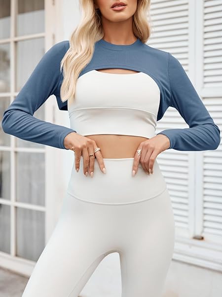 AURGELMIR WOMEN’S LONG SLEEVE CROP FALL CASUAL MOCK NECK RIBBED KNIT SLIM FIT STRETCHY SHRUG TOP NAVY