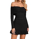 XinFSh Women's Sexy Off The Shoulder Bodycon Mini Dress Fall Long Sleeve Ruffle Ruched Short Party Club Dresses