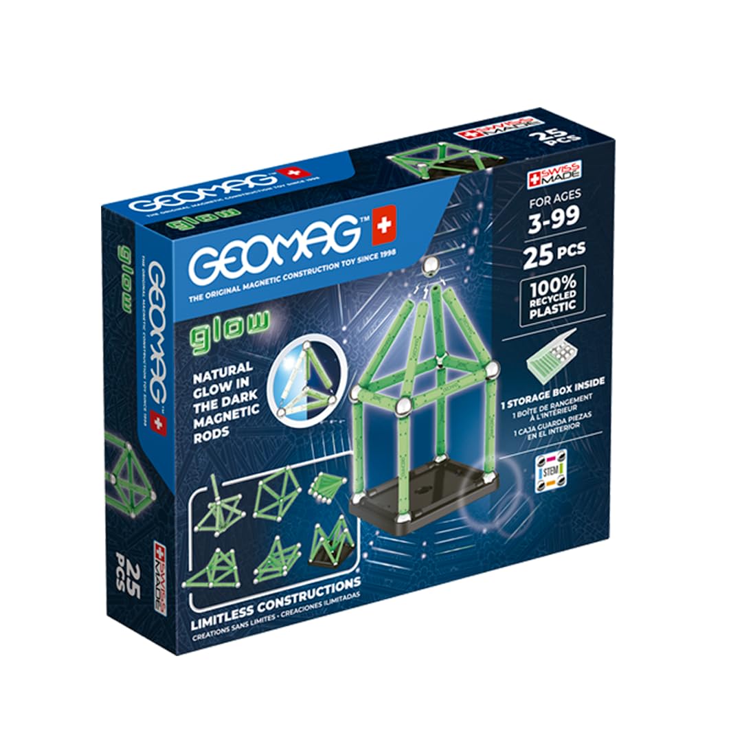 Geomag Magnetic Constructions With Glow Effect, Magnetic Bars Glowing in the Dark, 25-Piece Pack, 100% Recycled Plastic