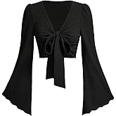 SHENHE Women's Bell Long Sleeve Tie Front Top Knotted V Neck Fairy Going Out Crop Top Blouse