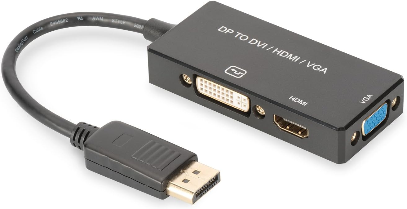 DIGITUS DisplayPort Graphics Adapter DP to DVI-D + HDMI + VGA 4K Ultra HD 30Hz Black, 28.5 cm