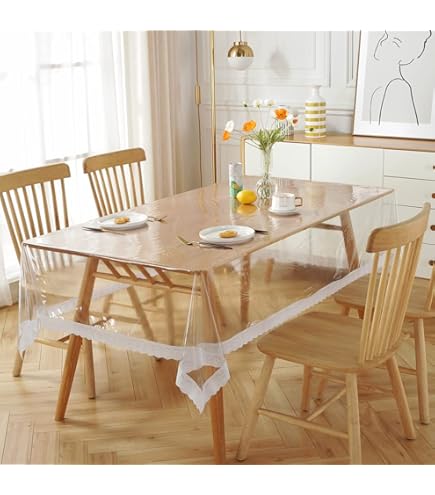 Fhberni Clear Plastic Rectangle Tablecloth Waterproof Vinyl PVC Tablecloth Embroidered Lace Edge Transparent Table Cover For Kitchen Outdoor And Indoor Uses-60x94 Inch, 2 Floral