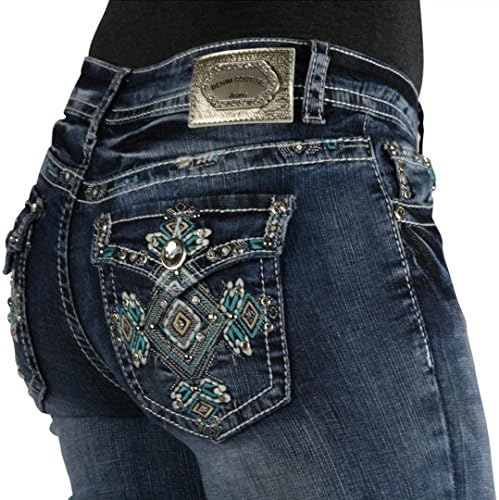 Denim Couture Rhinestone Studded Boot Cut Jeans-Variety of Styles - Shade Turquoise Cross - Waist 13