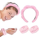 CURASA Skincare Headband and Wristband Set Pink Spa Headband for Washing Face Make Up Headbands for Women Girls Puffy Headband and Wristband Set for Face Washing Terry Cloth Facial Hair Accrssories