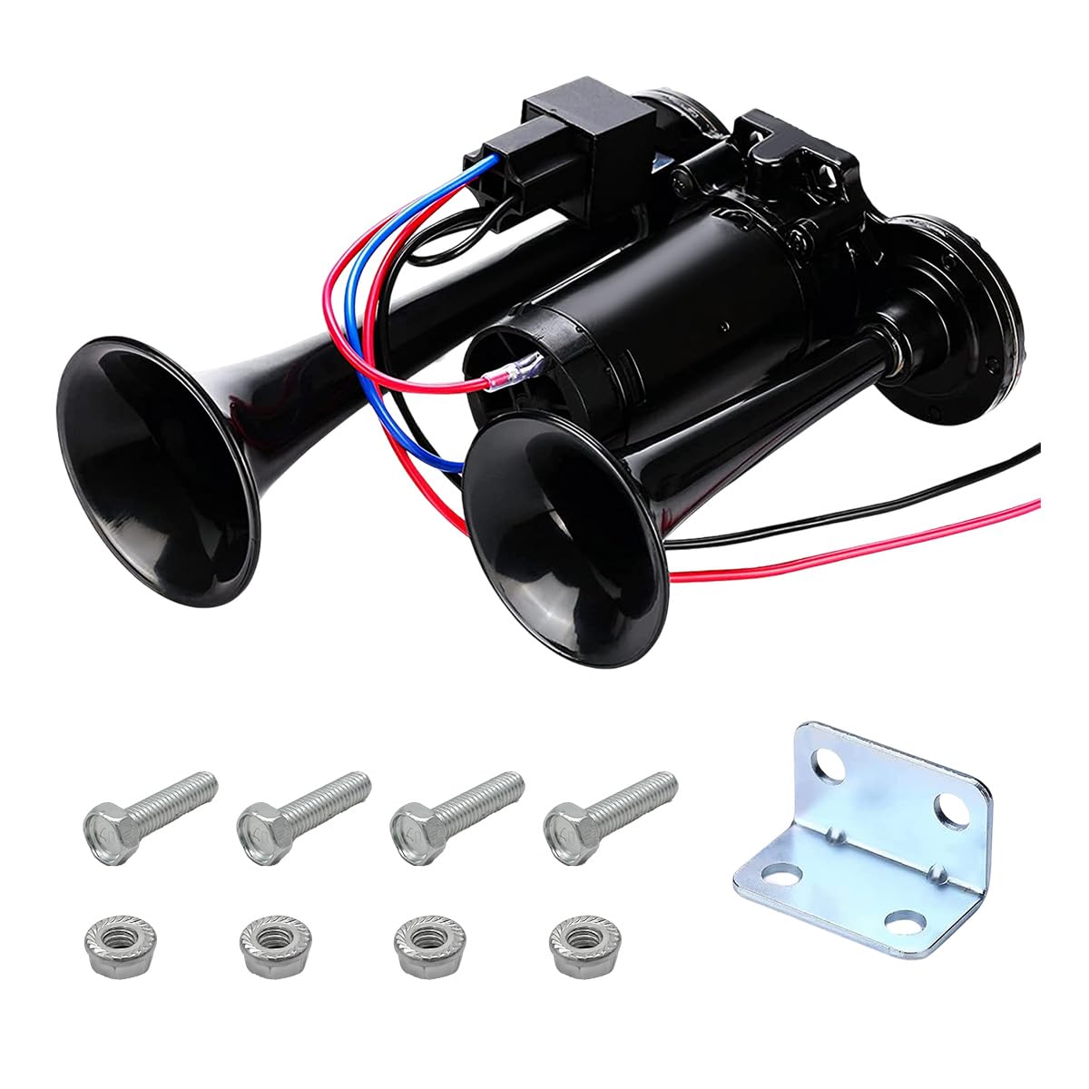Photo 1 of 12V Car Air Horn, 600db Super Loud Dual Trumpet Air Horn Kit, Dual Electric Air Horns Kit with Compressor for Vehicle, Truck, Motorcycle, Universal Car Accessories (Black)