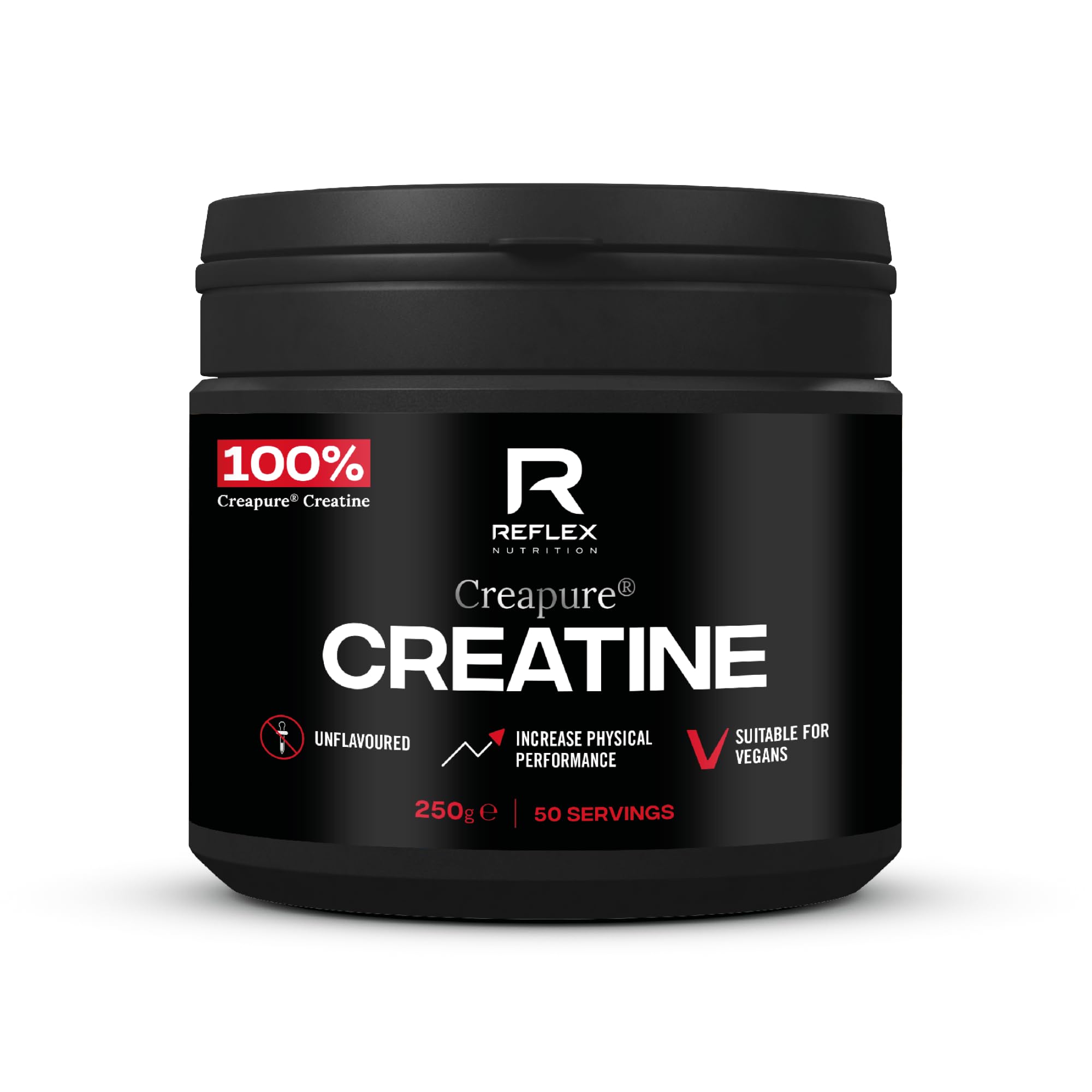 Reflex Nutrition Creapure® Creatine Monohydrate Powder Unflavoured - 100% Creatine for Strength, Muscle Gains & Recovery - No Fillers or Additives - 250g (Vegan Creatine 5g per Serving, 50 Servings)
