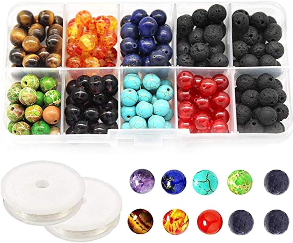8MM Chakra Beads for Jewelry Making and Black Colored Lava Rock Stone Round Loose Beads Kit Silver Spacer Beads 2 Crystal Strings Assorted Colors for Essential Oil Jewelry Making