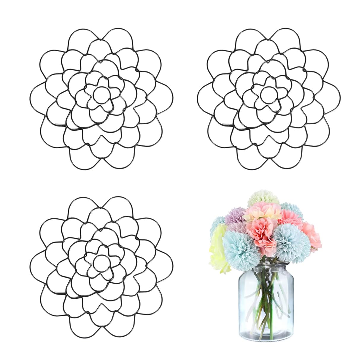 Ldirect 3 Pack Flower Frog Stainless Steel Wire Flower Arranging Tool Flower Lid Arranger Reusable Floral Grid Holder (Black (5inch))