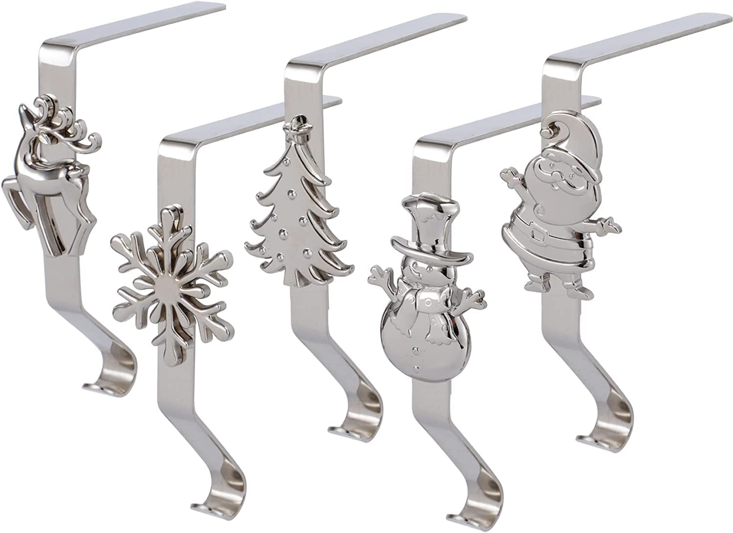 KAHEIGN 5Pcs Christmas Stocking Holders, 5 Styles Snowflake Reindeer Snowman Gnome Tree Metal Fireplace Stocking Hangers No-Slip Mantel Stocking Hooks for Christmas Party Decoration (Silver)