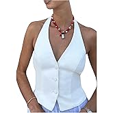 SHENHE Women's Backless Halter Crop Vest Button Up V Neck Dressy Going Out Suit Vest Top