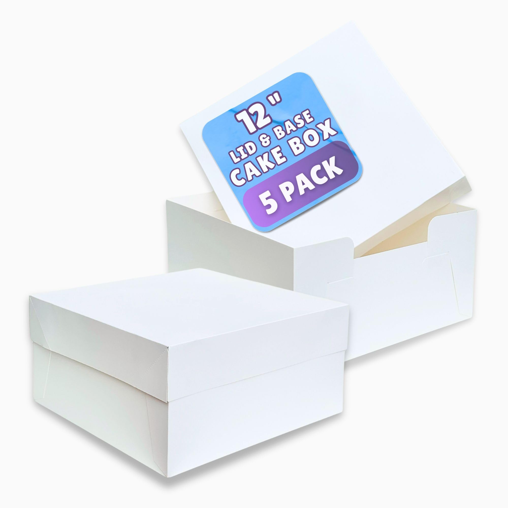 PACK N TRADE White Cake Box 12 inch, Pack of 5 Square Cardboard Cake Boxes with lids (12 x 12 x 6 Inches), Ideal for Safely Carrying and Transporting Cakes