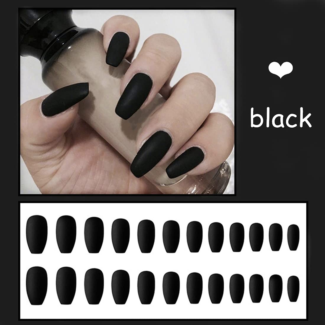 Umillars 24pcs Pure Color Coffin Nails Matte False Gel Nails Art Tips Sets Full Cover Medium False Nails for Ballerina Cosplay Office Lady (Black)… - Image 2