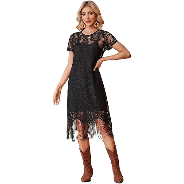Amazon.com: Verdusa Women's Western Fringe Dress Vintage Deep V Neck Maxi  Cowgirl Dresses Black Small : Clothing, Shoes & Jewelry