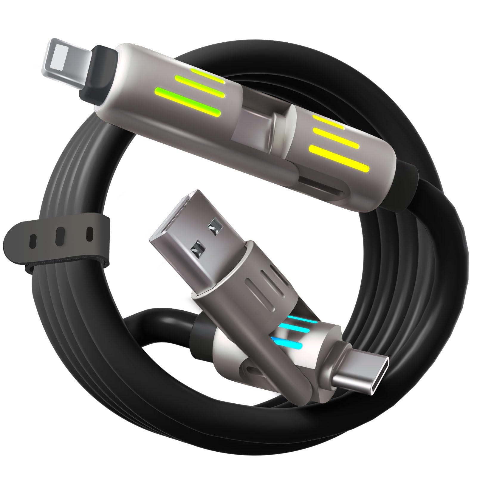 Photo 1 of 240W 4-in-1 Multi USB Charging Cable with LED Indicator, Fast Charging & Data Sync, USB-A, USB-C, iOS Connectors for iPhone, Samsung, Laptop, 4FT (Rich Black)1052886333
