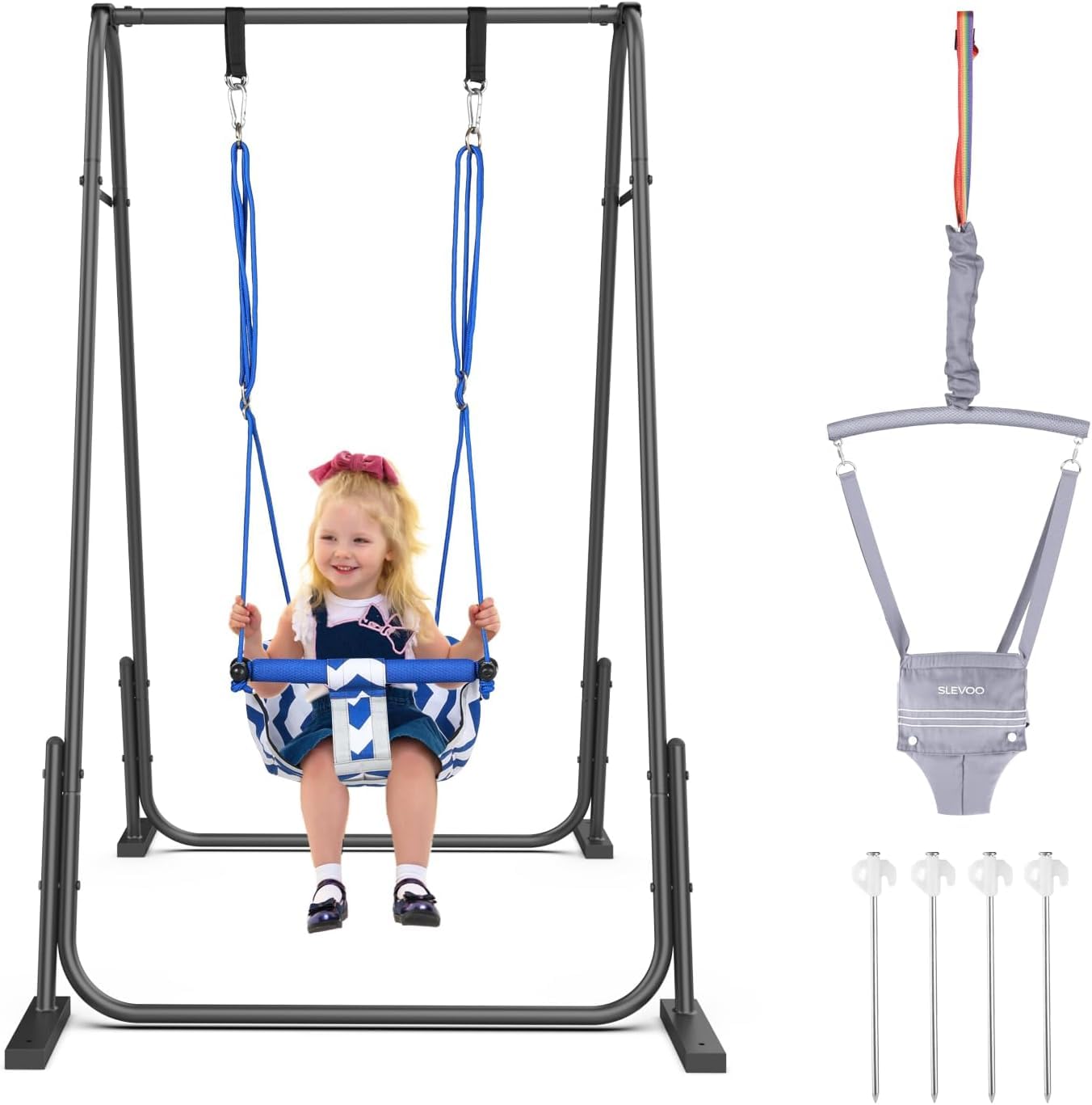 Slevoo 2-in-1 Baby Jumper and Toddler Swing Set with Foldable Metal Frame, Indoor and Outdoor Play for Ages 6 Months to 6 Years, Supports Up to 200 Pounds (Grey) — image 1