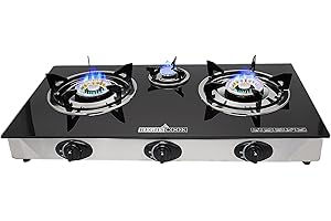 RegiisCook 3 Burner Propane Gas Cooktop,Camping Portable LPG Gas Stove, Auto Ignition Tempered Glass Countertop with regulator for Outdoor Kitchen,Camping,RV