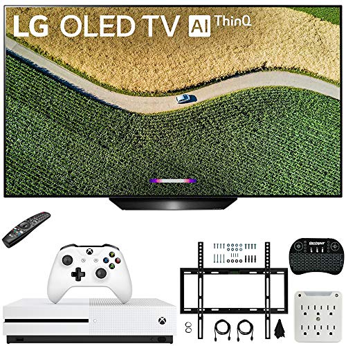 LG OLED55B9PUA B9 55″ 4K HDR Smart OLED TV with AI ThinQ (2019) Bundle with Microsoft Xbox One S 1TB Console, Flat Wall Mount Kit, Wireless Keyboard, and 6-Outlet Surge Adapter with Night Light