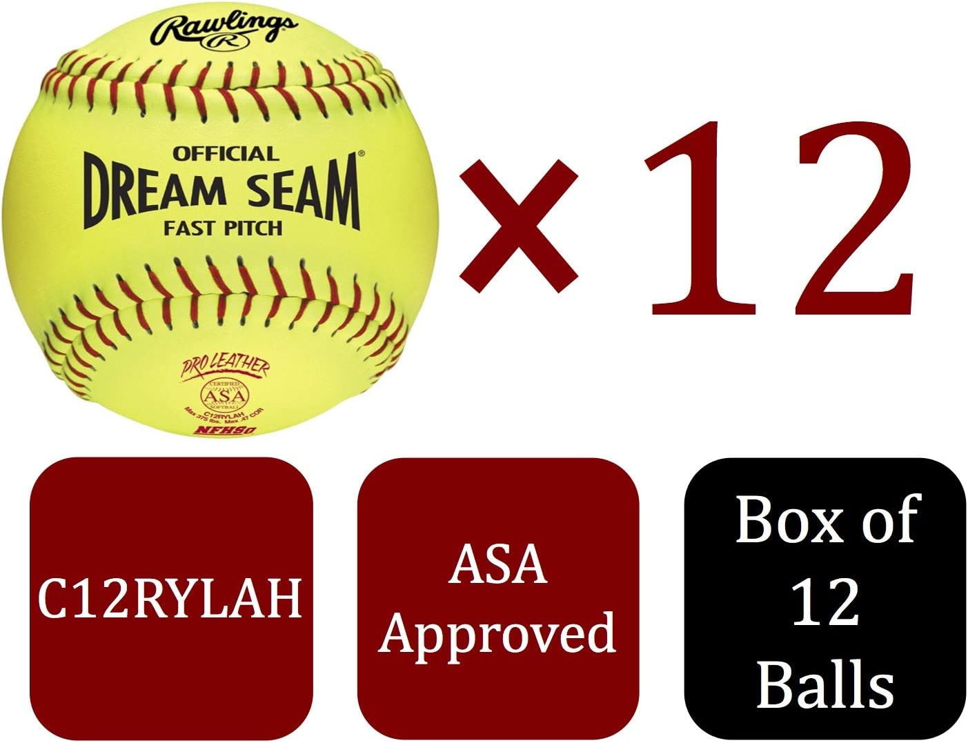 Rawlings Sporting Goods C12RYLAH Official ASA Dream Seam Fast Pitch Softballs (One Dozen), Yellow, Size 12 : Sports & Outdoors