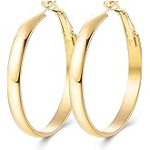 Jewlpire 14K Gold Plated 925 Sterling Sliver Post Hoop Earrings, 4MM/5MM Thick Non Tarnish Lightweight Hoop Earrings for Women Trendy 20/30/40/50/60/70mm