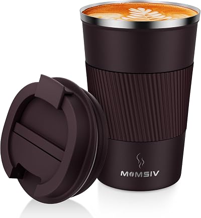 MOMSIV Insulated Coffee Cup 380ml Leakproof Lid Non-Slip Stainless Steel Brown