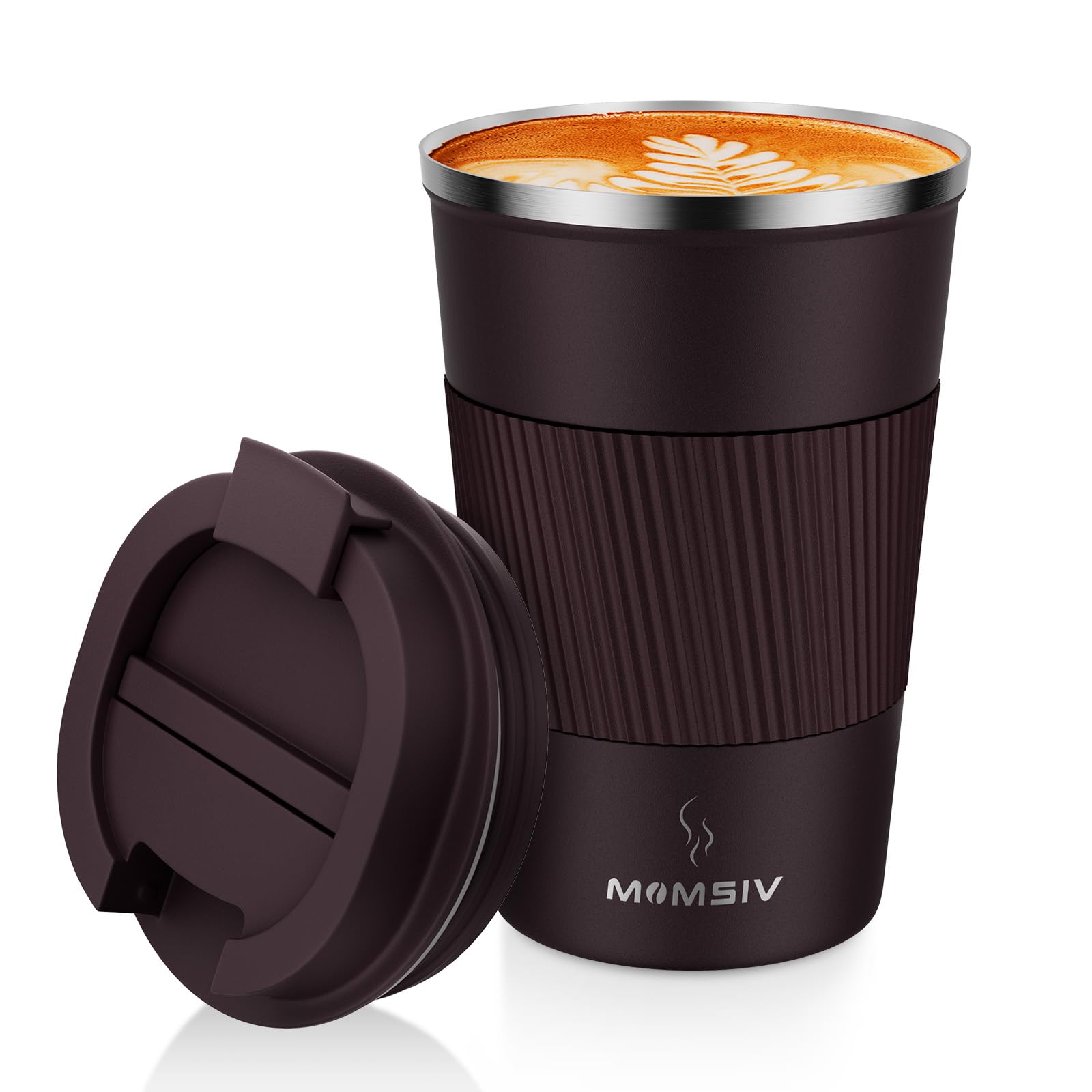MOMSIV Coffee Cup, Insulated Coffee Cup with Leakproof Lid, Non-Slip Vacuum Reusable Stainless Steel Eco-Friendly Travel Office Mug for Hot and Cold Water Coffee and Tea, 380ml/13oz(Brown) — image 1