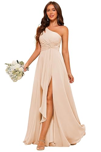 RSOETOO Womens Plus Size Peach Bridesmaid Dresses with Slit A Line One  Shoulder Pleated Long Chiffon A-line Formal Party Dress with Pockets US28W  in Kenya | Whizz Formal