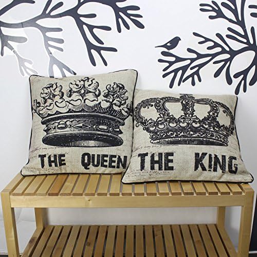 The King and The Queen Pair Crown Linen Throw Pillow Case Cushion Cover