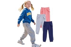HILEELANG Toddler Girls' Jogger Pants 3-Pack Pull on Cotton French Terry Solid Ruffle Pocket SweatPants12M-7Y