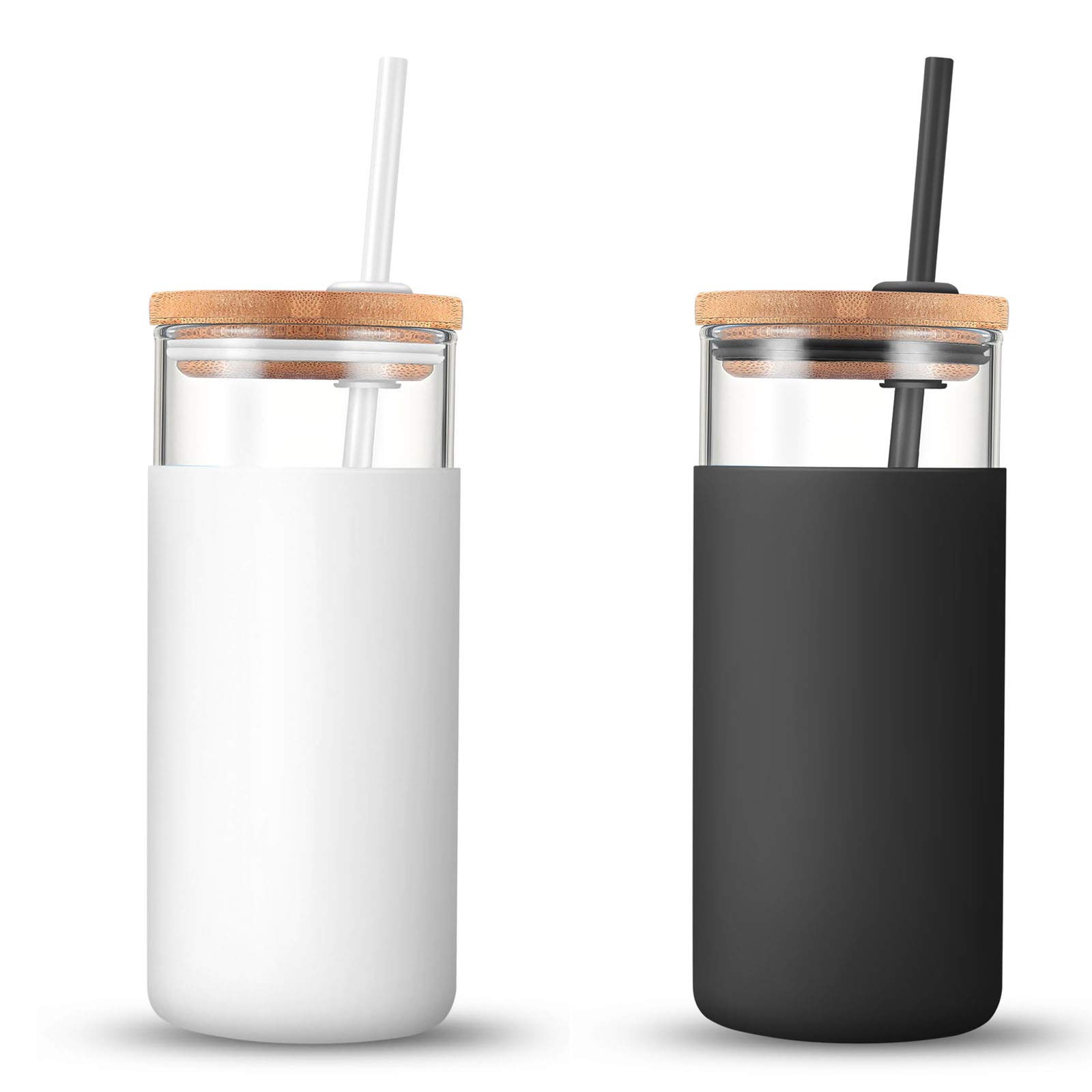Tronco 20 oz Glass Tumbler with Lid and Straw, Iced Coffee Cup and Smoothie Cup with Bamboo Lids & Protective Silicone Sleeve, Dishwasher Safe, BPA-Free, Glass Cup 2 Pack Image