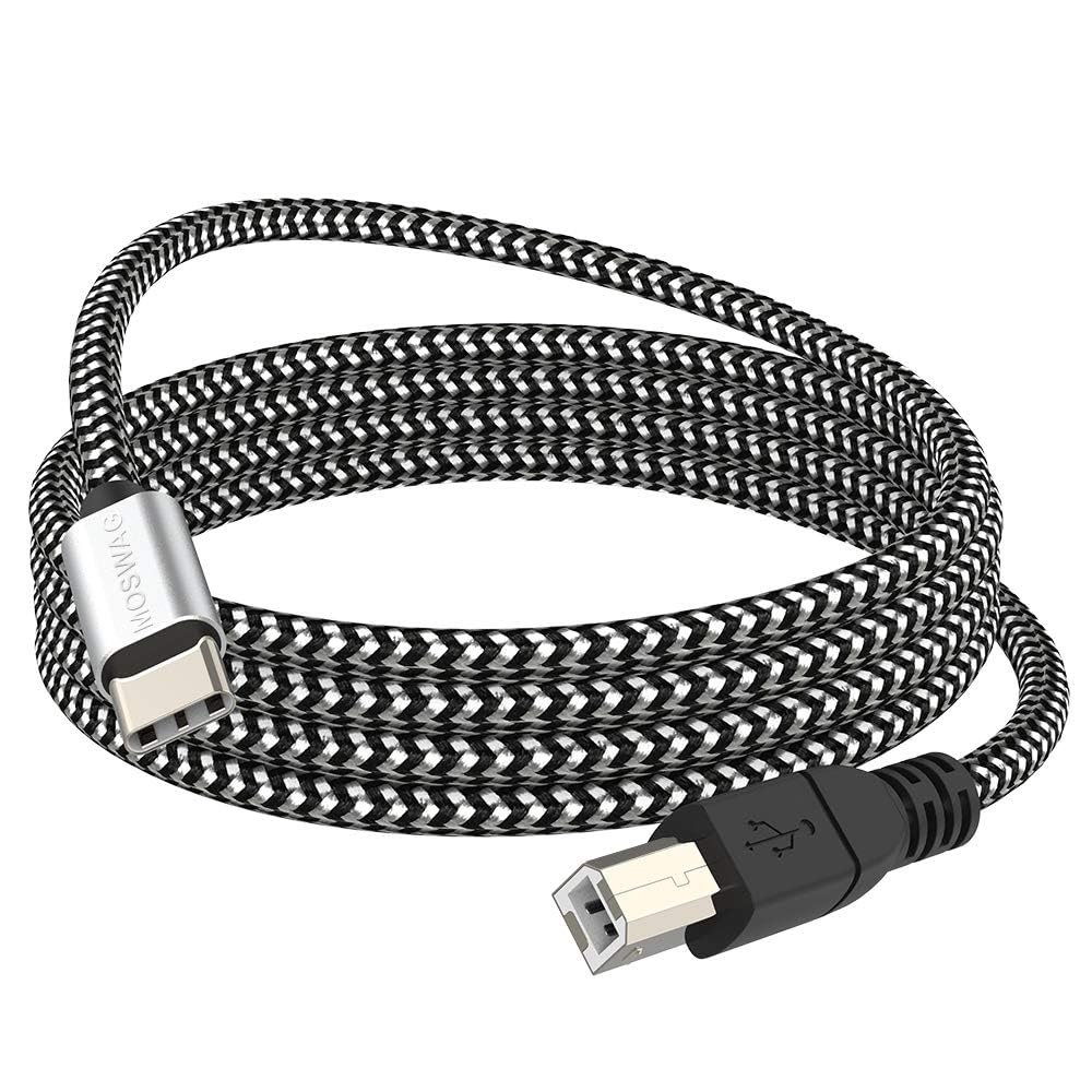 MOSWAG USB C to USB B MIDI Cable Type C to USB MIDI Cable Nylon Braided 2.0 Printer Scanner Cord High Speed with Metal Connector (16.4FT/5M, Black)