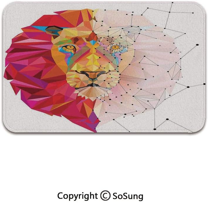 Geometric Area Rug,Lion Art Geometric Graphic in Digital Triangle Rainbow Pattern Retro Decor,for Living Room Bedroom Dining Room,7'x 3',White Pink Orange