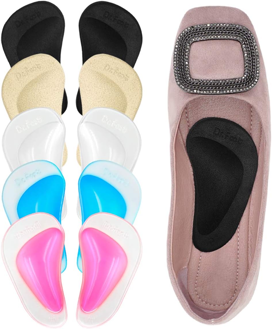 Dr. Foot Plantar Fasciitis Arch Support Shoe Insoles 5 Pairs, Thicken Gel Arch Pads for Flat Feet - Self-Adhesive Arch Cushions Inserts for Men and Women (Clear*2+Black+Beige+Blue): Health & Personal Care