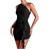 Floerns Women's One Shoulder Mini Dress 3D Floral Ruched Sleeveless Going Out Bodycon Dresses