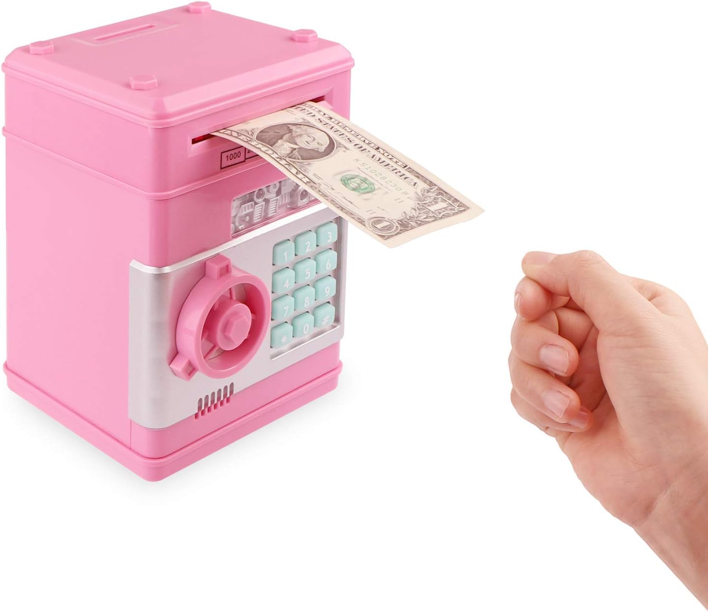 FORNORM ATM Money Box, 1.2L Electronic Piggy Bank and ATM Password Money Box Automatic Money Rolling/2 Sounds Switchable/Screw Driver, Battery Powered, Pink