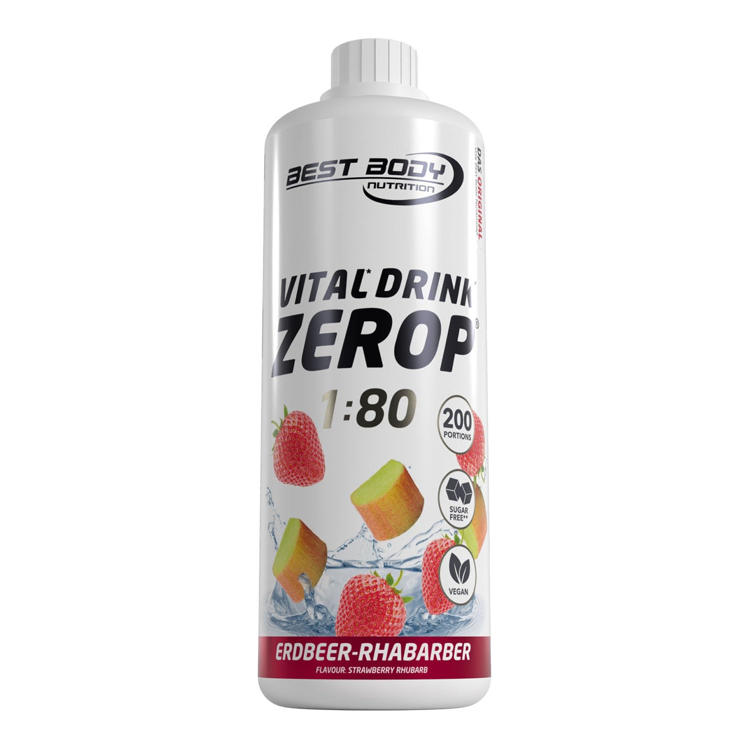 Best Body Nutrition ZEROP Vital Zuckerfreies Getränkekonzentrat Sirup Erdbeer-Rhabarber Ohne Aspartam 1 L ergibt 80 L Getränk Fitness Drink mit Vitaminen B1 B6 Niacin Kalorienarm Wassersprudler