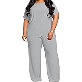 TOPSRANI Womens Plus Size Two Piece Outfits Sweatsuits Casual Tracksuit Short Sleeve Loose Baggy Wide Leg Long Pants Sets