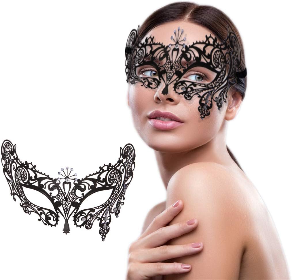 Masquerade Mask for Women Venetian Shiny Rhinestone Filigree Laser Cut Metal Eye Mask Diamond Party Prom Ball Bar Mask for Carnival Halloween Costume Cosplay Mardi Gras (Peacock Black)