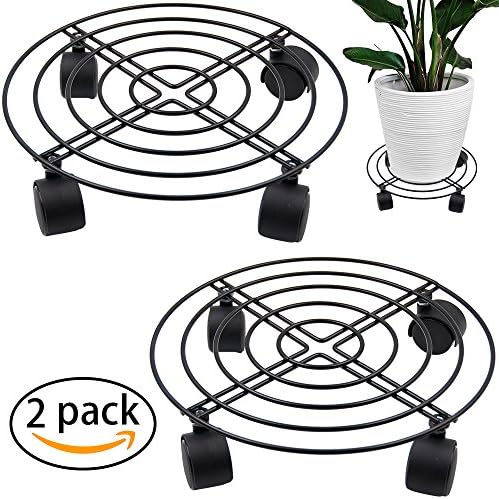 Airmoon 12.5" Heavy Duty Black Iron Plant Caddy - Metal Plant Stand With Wheels Round Flower Pot Rack Plant Stand On Rollers Dolly Plant holders on Wheels Indoor Outdoor Plant Saucers, Pack of 2