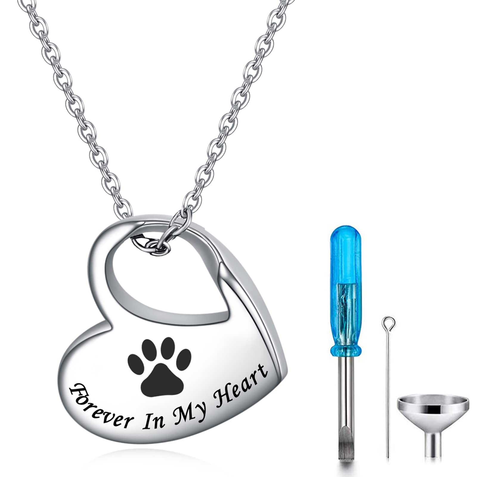 YOTHIWAD Heart Urn Necklace for Ashes Cremation Jewelry Forever in My Heart Engraved Stainless Steel Keepsake Waterproof Memorial Pendant for loved One with Filling Kit(Pet)