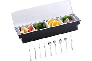 KNC Black Ice Cooled Condiment Caddy, 4 Compartment Garnish Stations Tray with Lid, 4 Spoons, 4 Forks, 1 Fruit Knife, Chilled